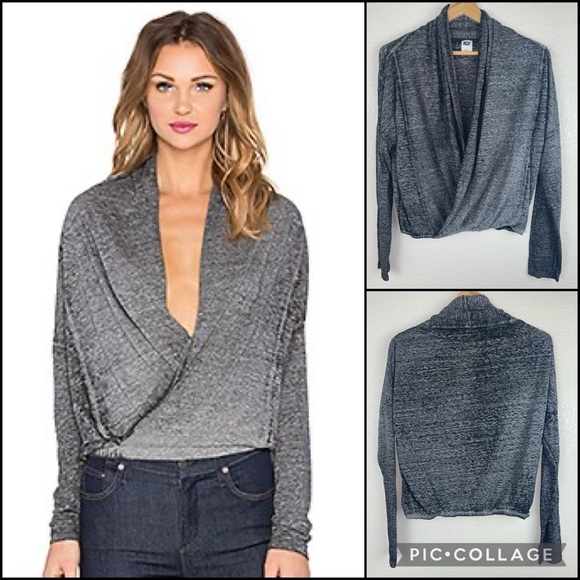 NSF Heathered Black Marled Acid Wash Cowlneck Surplice Plunge Blouse Top - Picture 1 of 11